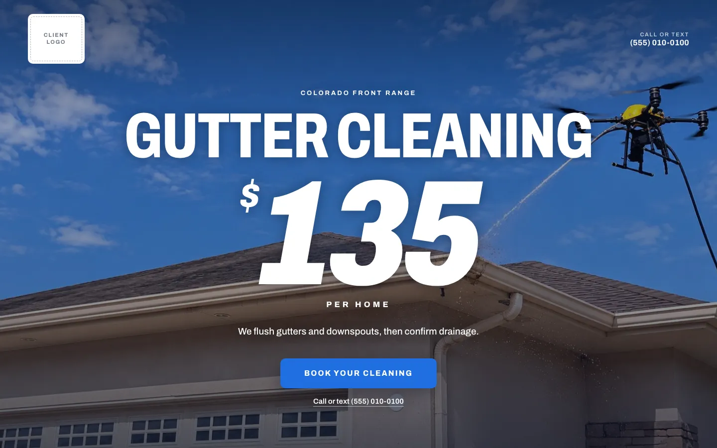 Anonymized client landing page for gutter cleaning in Colorado: service name, per-home price and booking button above the fold