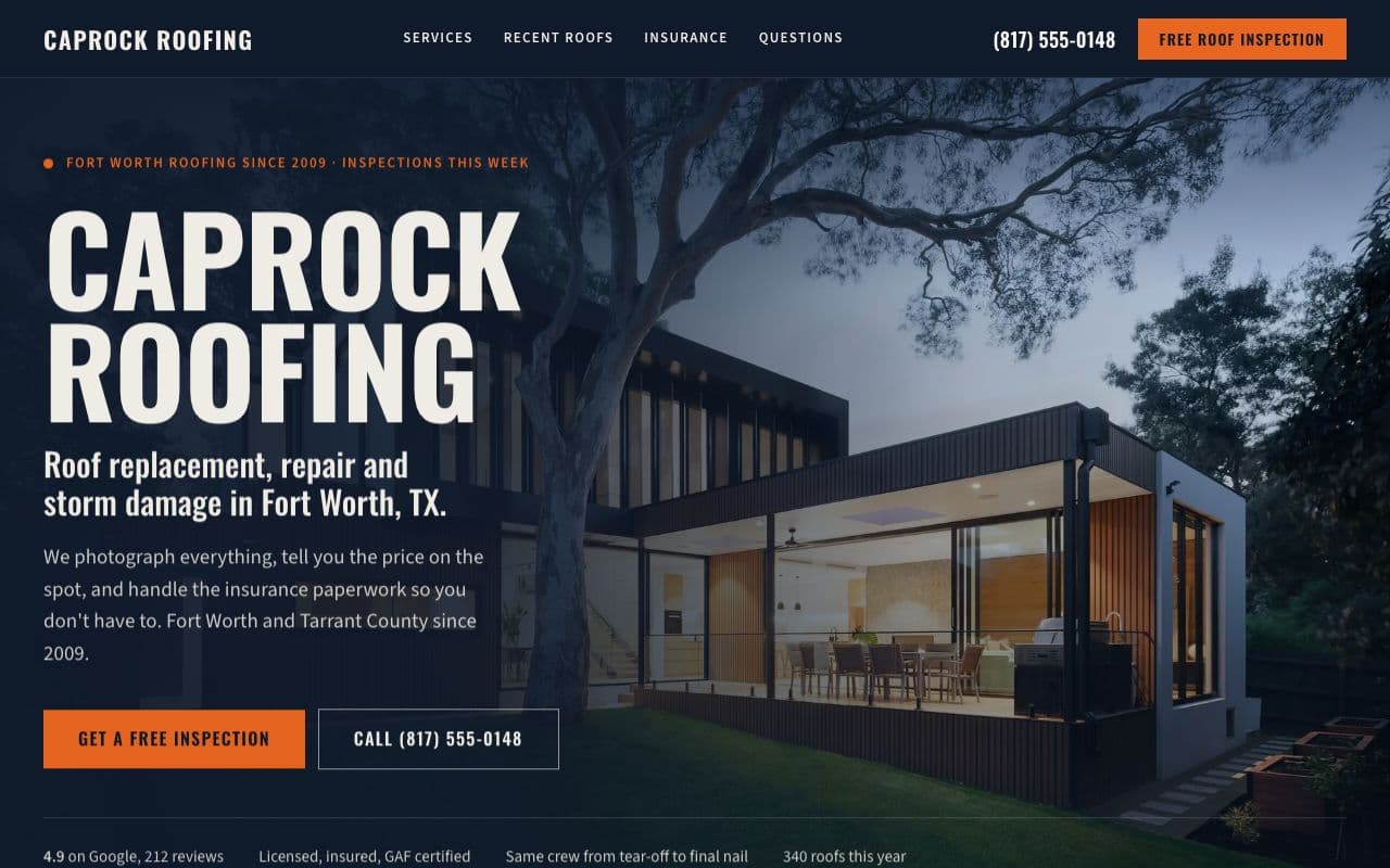 Caprock Roofing website homepage