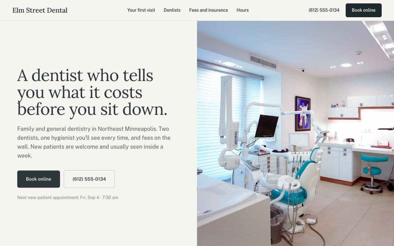 Elm Street Dental website homepage