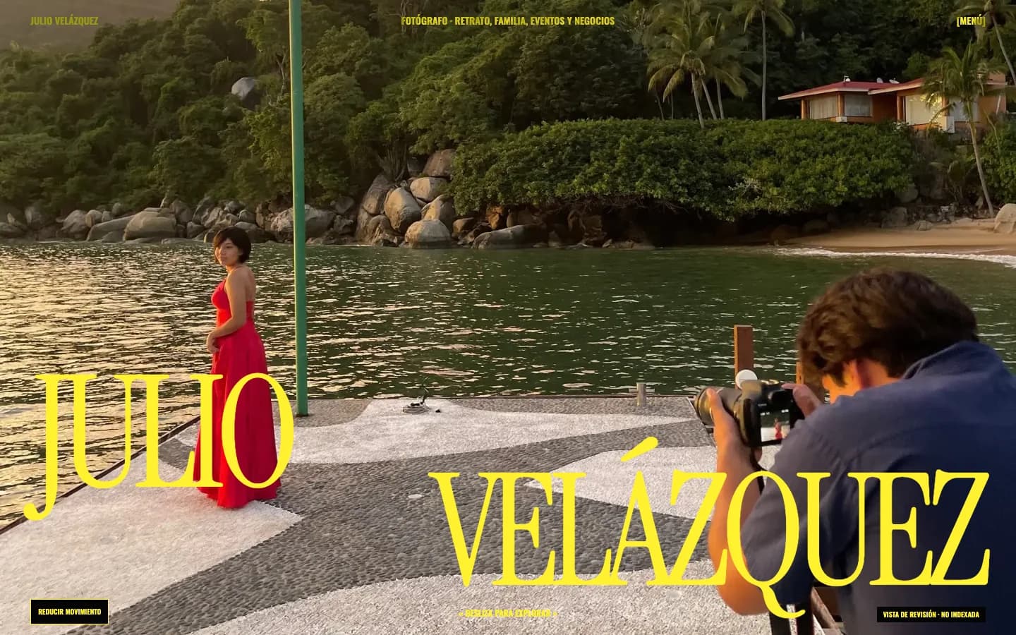 Julio Velázquez photography website with a full-width coastal portrait
