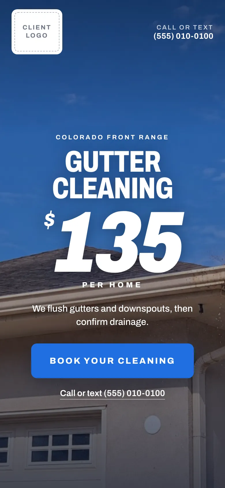 Gutter cleaning landing page for Colorado, on a phone