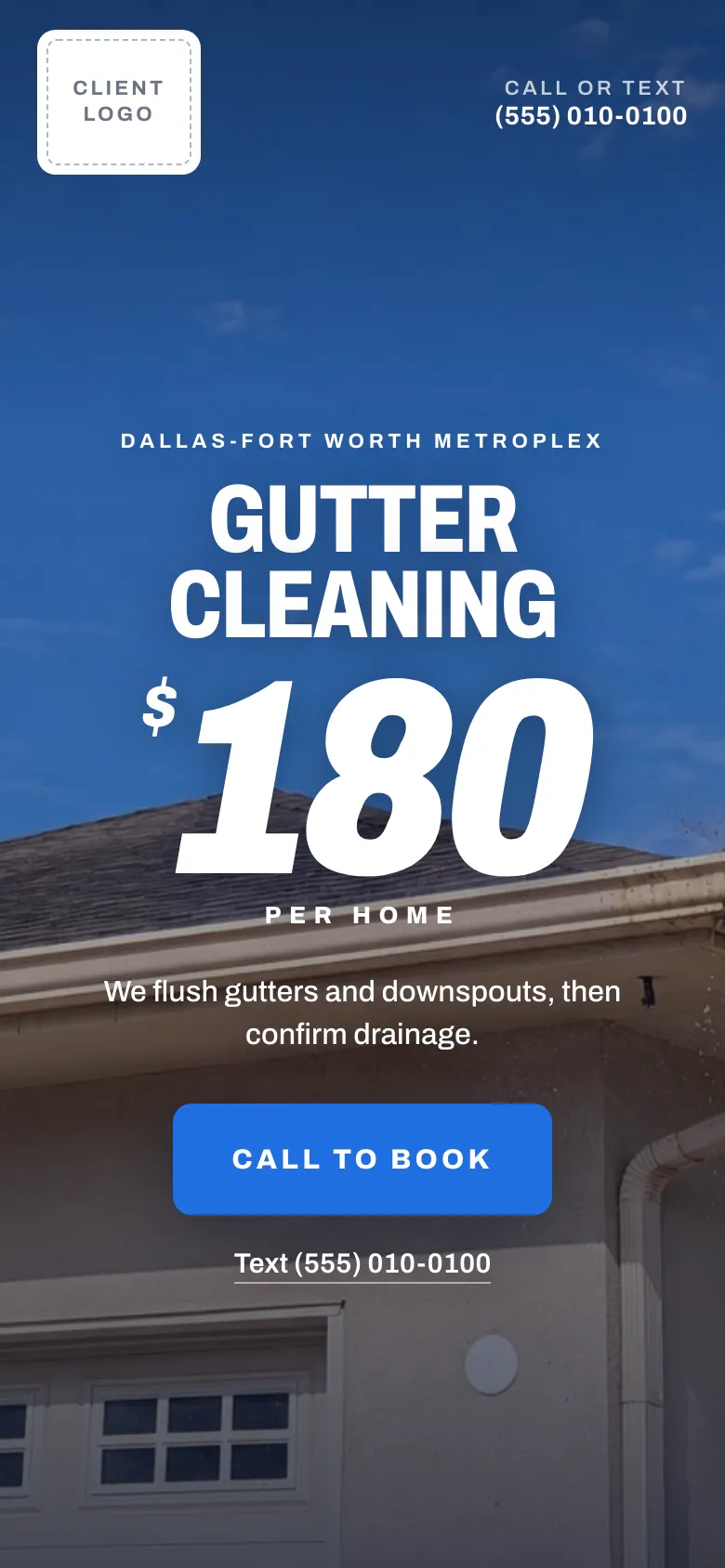 Gutter cleaning landing page for Texas, on a phone