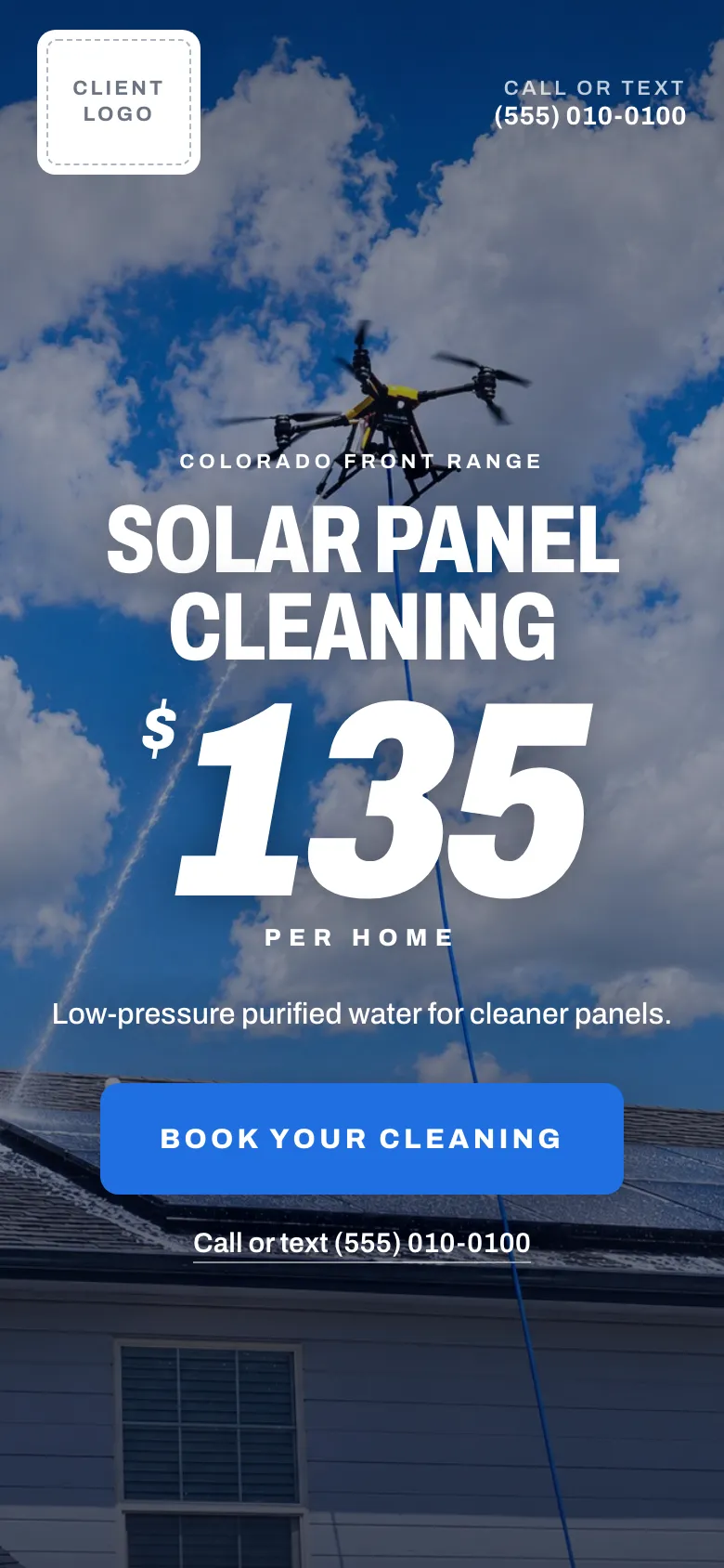 Solar panel cleaning landing page for Colorado, on a phone