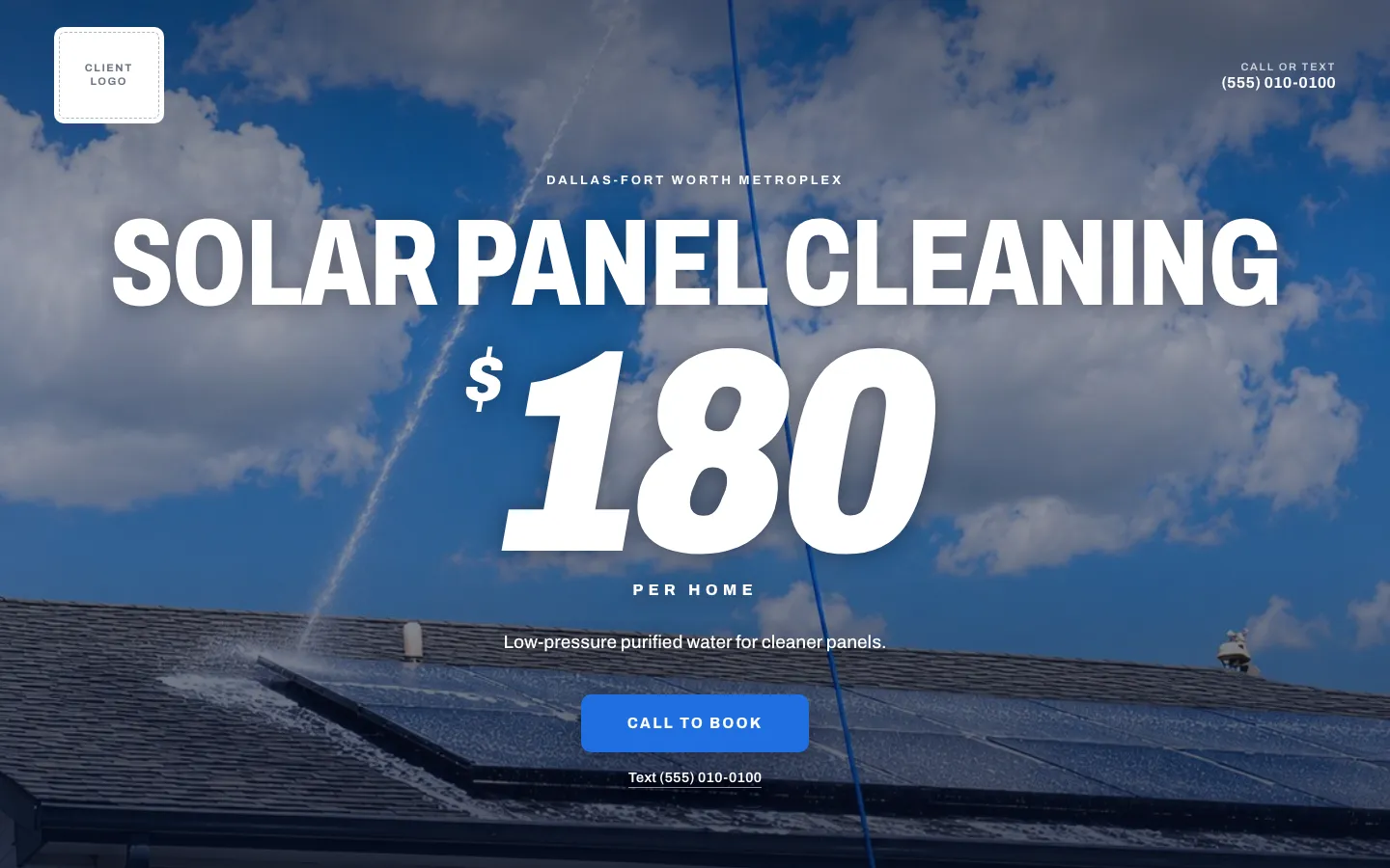 Solar panel cleaning landing page: service, per-home price and call-to-book button above the fold
