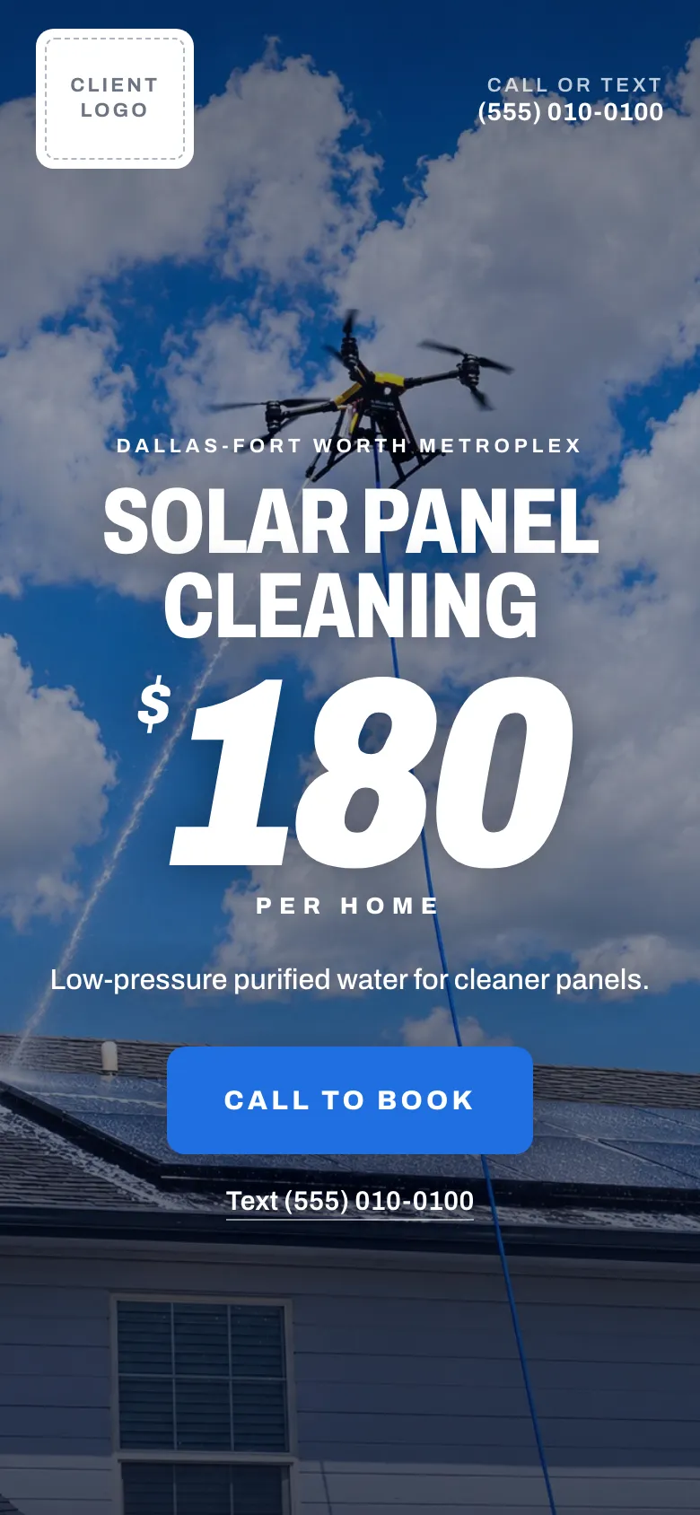 Solar panel cleaning landing page for Texas, on a phone