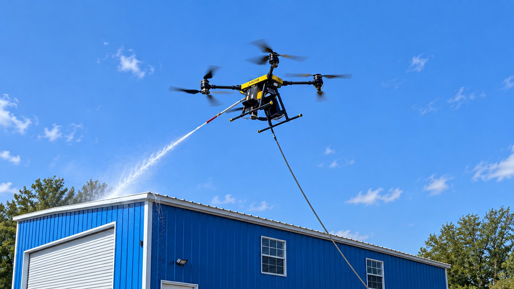 Cleaning drone rinsing a roofline