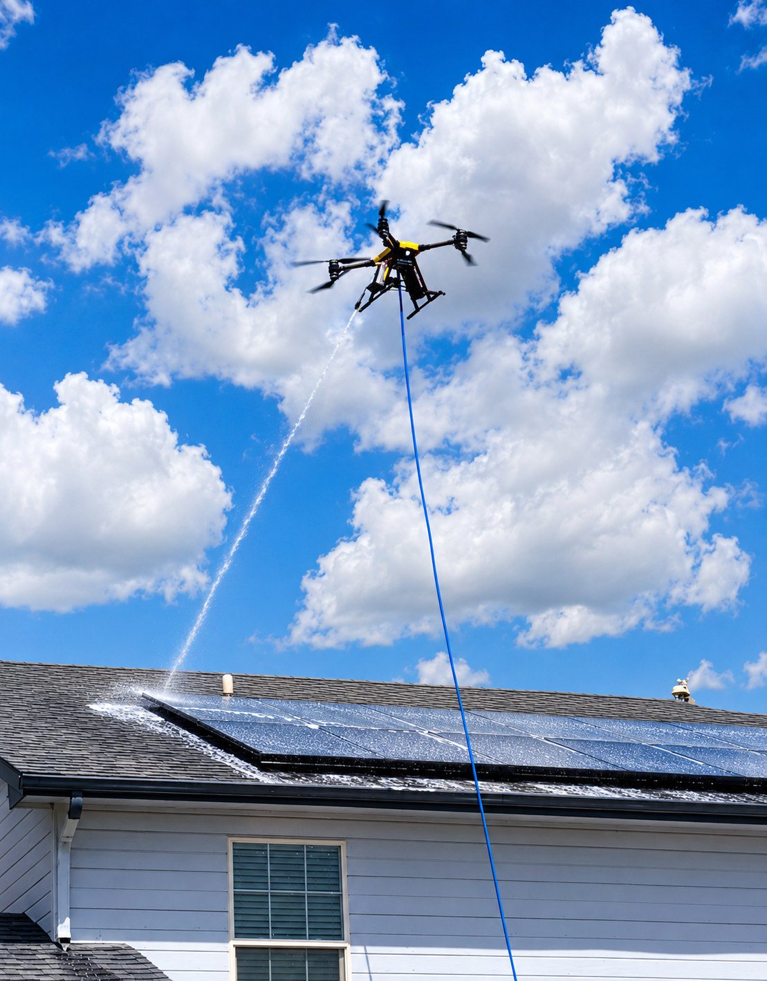Drone rinsing rooftop solar panels